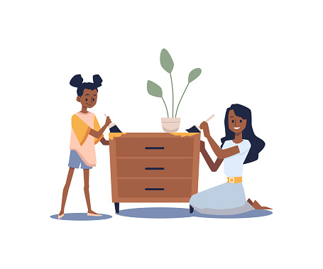 Black family of Mom and kid repaint old dresser drawers, cartoon vector illustration. Family house repair time together.