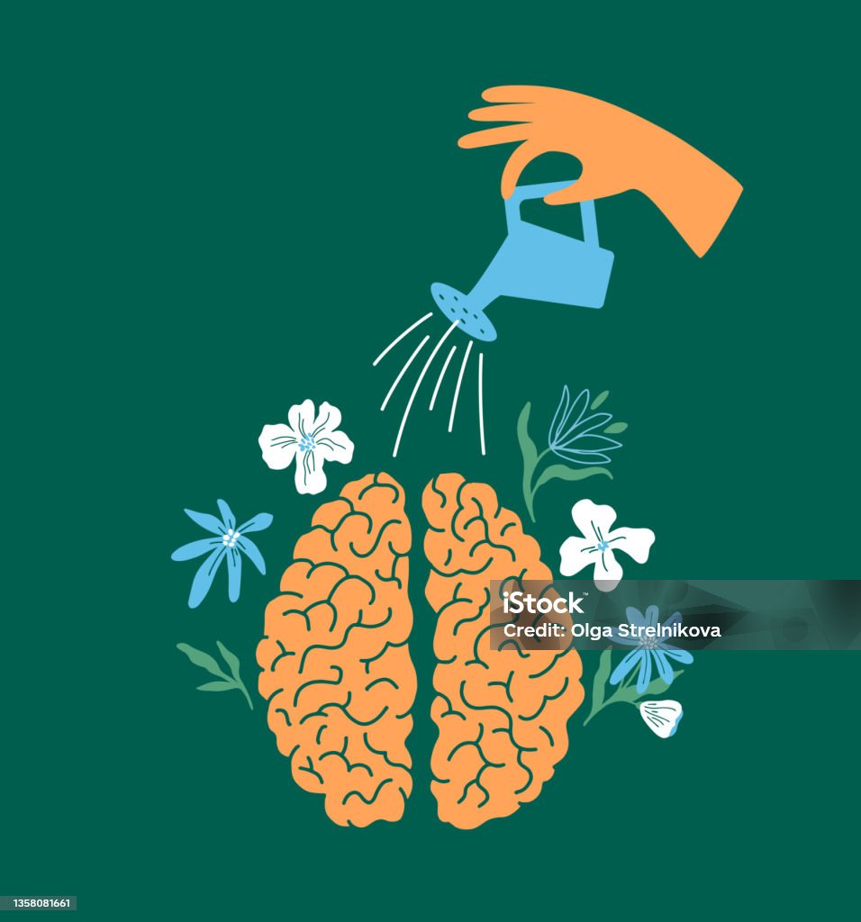 Mental health, mind or psychology therapy vector illustration with human hand watering flowers in brain - Royalty-free Sağlıklı Kalmak Vector Art
