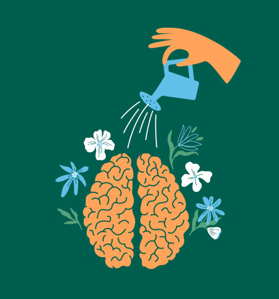 Mental health, mind or psychology therapy vector illustration with human hand watering flowers in brain Mental health care, psychology therapy. Wellness mind, wellbeing, psychologist help, self care, growth. Human hand watering flowers in brain. Blooming garden in head. Abstract vector illustration relaxing in the garden stock illustrations