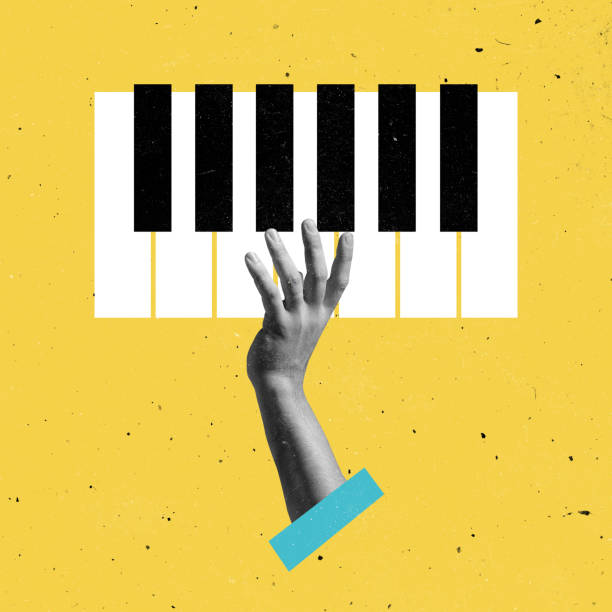 Contemporary art collage, modern design. Retro style. Composition with black and white piano keys, synthesizer isolated on light background