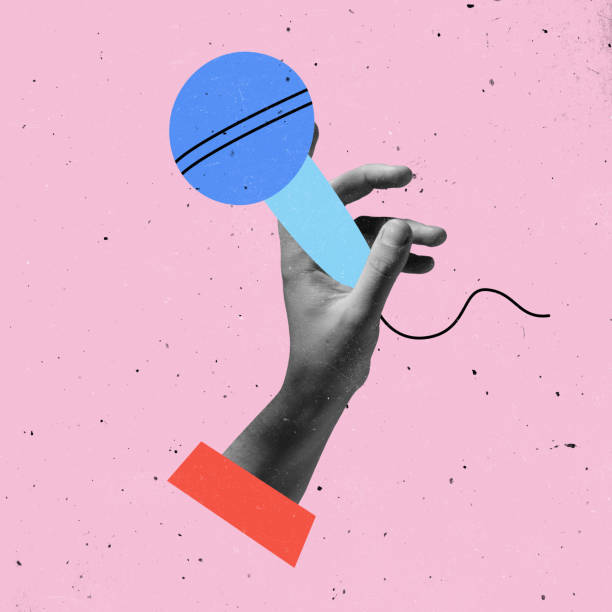 Hands aesthetic with drawn microphone on light background, artwork. Concept of human relation, community, togetherness, symbolism, surrealism.