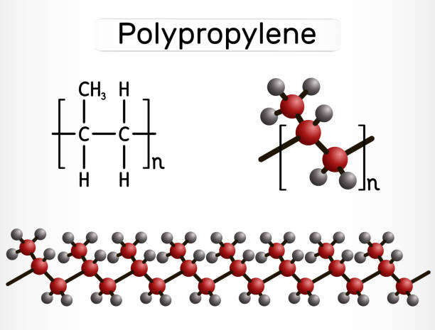 ilustrações de stock, clip art, desenhos animados e ícones de polypropylene (pp), polypropene molecule. it is thermoplastic polymer of propylene. structural chemical formula and molecule model - propylene