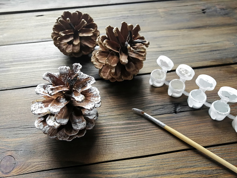 Snow-covered cones with their own hands. Homemade crafts in winter. Cones on a wooden table along with a brush and paints. Crafts with children.