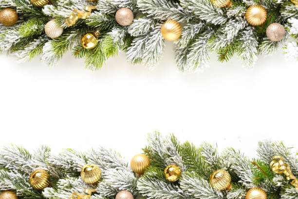 istock Christmas frame with gold baubles in row on snowy evergreen branches. 1358084176