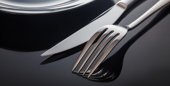Empty plate with knife and fork on a black background.