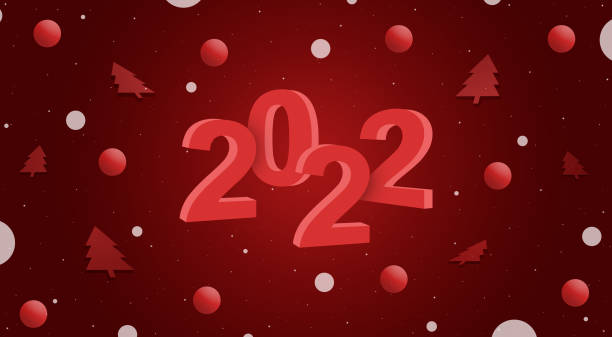 New year 2022 with balls and Christmas trees around 3d