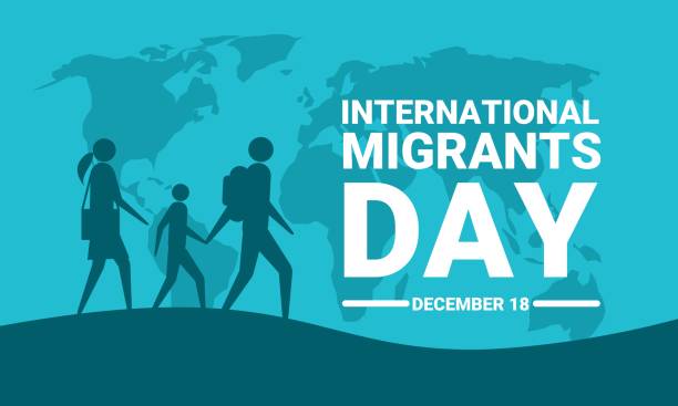 ilustraciones, imágenes clip art, dibujos animados e iconos de stock de silueta de familia migrante caminando sobre el fondo del mapa mundial, como pancarta o cartel del día internacional del migrante. - displaced persons camp illustrations