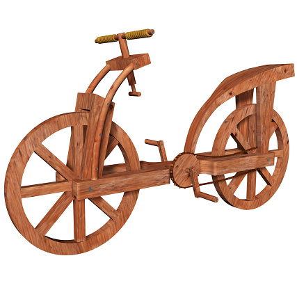 3D Rendering Illustration of a Bicycle Prototype, desing and created by Leonardo da Vinci in the Codex Atlanticus; handcrafted with wooden structure, two wheels, chain, pedals, nails and rope.