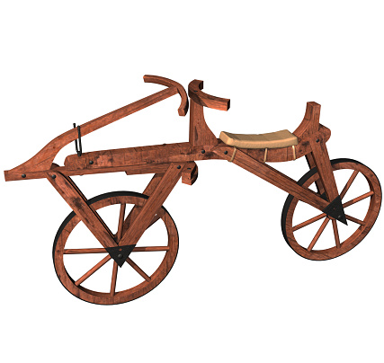 3D Rendering Illustration of a Draisine Bicycle or Velocipede; created and patented in 1818 by the german Baron Karl Von Drais whith wooden structure, metal components, two wheels, seat and handlebar.