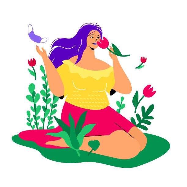 Post-pandemic time - colorful flat design style illustration Post-pandemic time - colorful flat design style illustration. Beautiful woman throws out face mask, respiratory protective equipment and sniffs the flower. Simple joys, the return of the smell sense scene scented stock illustrations