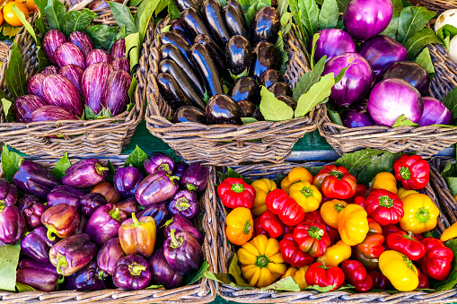Some natural and healthy varieties of Eggplant and Bell Peppers, typical of the Mediterranean diet. The traditional Mediterranean diet consists of natural, healthy and fresh products, including fruits, vegetables and grains. Image in high definition format.
