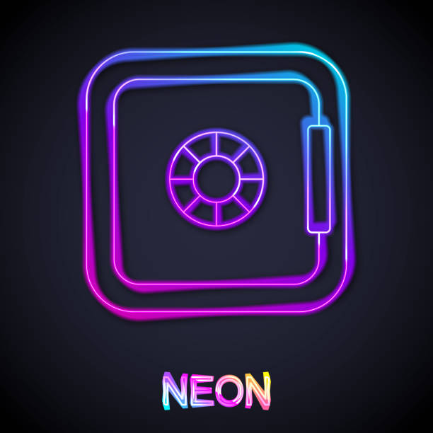 istock Glowing neon line Safe icon isolated on black background. The door safe a bank vault with a combination lock. Reliable Data Protection. Vector 1358089390