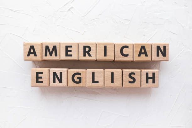 istock Text AMERICAN ENGLISH on wooden cubes on white putty background. Learning languages. Flat lat, top view. 1358089432