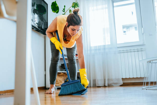 aufnahme einer frau, die eine kehrschaufel benutzt und ihren wohnzimmerboden zu hause fegt stockfoto - sweeping stock-fotos und bilder