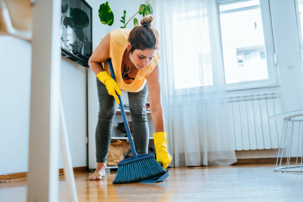 photo d’une femme utilisant une poubelle et balayant le sol de son salon à la maison - sweeping photos et images de collection