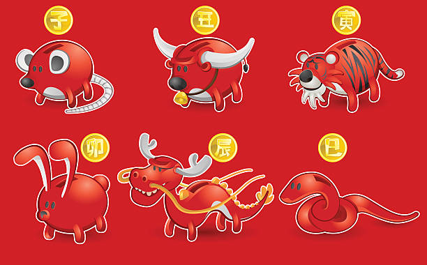 Chiński Zodiaka zestaw ikon: Szczur, Ox, Tygrys, Rabbit, Smok, Wąż – artystyczna grafika wektorowa
