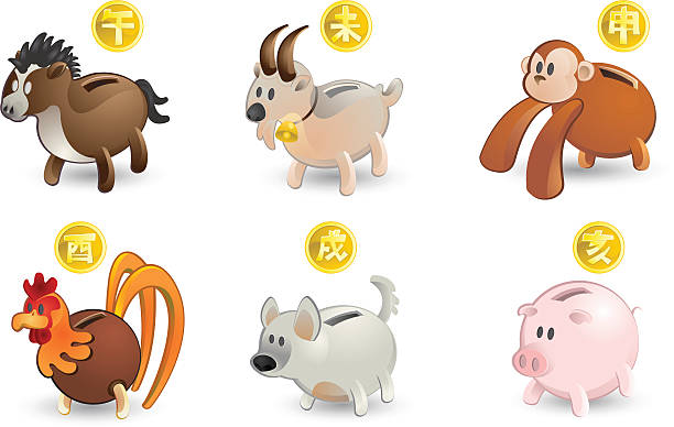 Chinese Zodiac Icon Set: Caballo, IgG de cabra, mono, Gallo, perros, cerdos - ilustración de arte vectorial