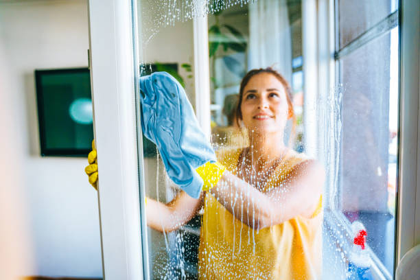 Beautiful smiling young woman cleaning and wiping window with spray bottle and rag stock photo stock photo