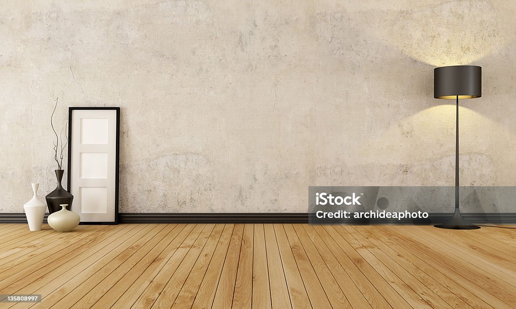 Empty grunge interior empty room with hardwood floor and old wall - rendering Domestic Room Stock Photo