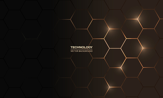 Hexagon technology black and gold colored honeycomb abstract background. Vector illustration