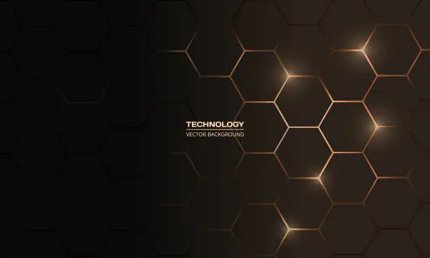 Vector illustration of Hexagon technology black and gold colored honeycomb abstract background.