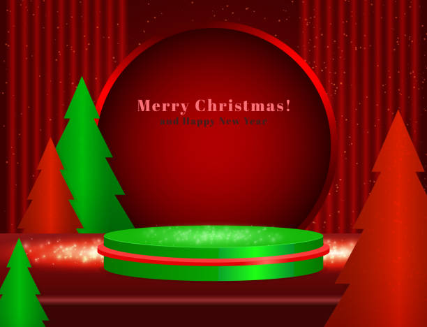 istock Vector winter Christmas illustration with stage pedestal and fir trees 1358093521