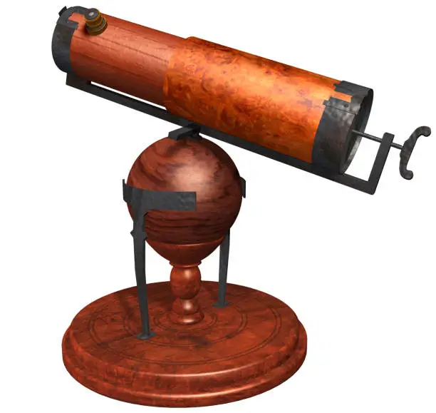 3D Rendering Illustration of Ancient Rotative Reflector Telescope; designed and created by Sir Isaac Newton in 1668 with wood and metal components, lens and polished mirrors, tubes, mount & fittings.