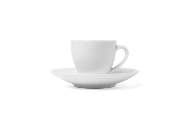 istock White cup isolated on white background. Ceramic coffee cup or tea mug for drink close up. Mock up classic porcelain utensils 1358095628