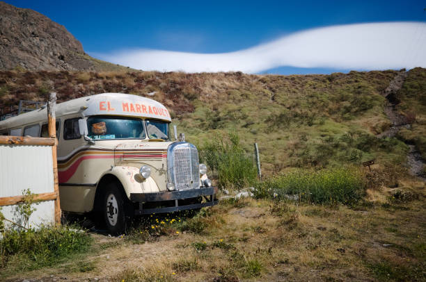 Old 1940s Mercedes Benz bus in Andes mountains, Argentinian Patagonia El Chalten, Santa Cruz, Argentina - March, 2020: Old 1940s Mercedes Benz bus with La Marraqueta inscription located near hiking trail to Laguna Torre in Andes mountains, Argentinian Patagonia mercedes argentina stock pictures, royalty-free photos & images