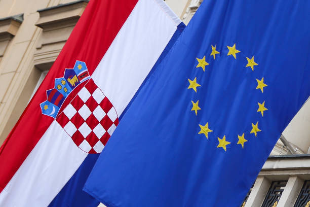 istock Flags of Croatia and EU 1358097476