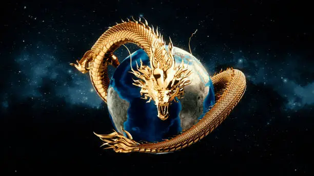 Gold Chinese dragon smart pose around the globe earth and sky background with 3d rendering.