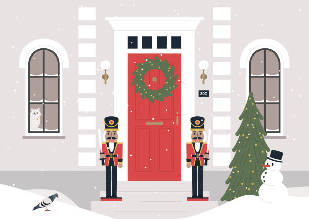 рождественская открытка, вход в главное здание, украшенный щелкунчиками, гирляндами и дверным венком, зимний курортный сезон - wreath christmas door snow stock illustrations