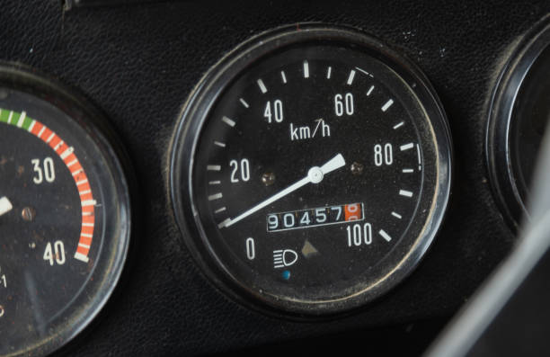 istock Old car speedometer. Speed indicator background. Parked car zero speed texture. Dashboard of oldschool car. Roration engine speed arrow 1358099877