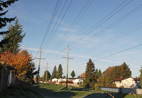 Power lines extend over a greenway in a residential district in Metro Vancouver, British Columbia. Sunny autumn morning with clear skies.