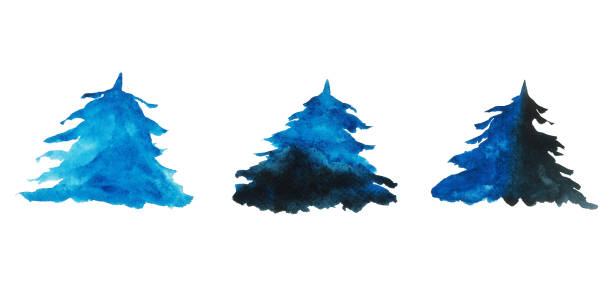 istock Set of three blue watercolor spruce or pine tree. Evergreen trees hand painting. Illustration of cedar or fir in winter night with splash and stain isolated on white background. Perfect for print, logo, label, greeting cards. December clip art. 1358102265