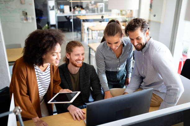 istock Creative managers crew working with new startup project in office. Team brainstorming. 1358103841