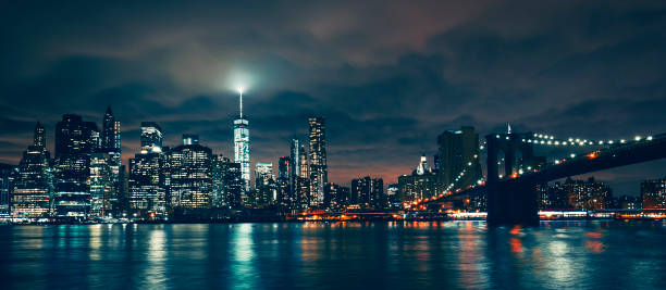 istock Panoramic view of New York with Brooklyn bridge by night 1358103910