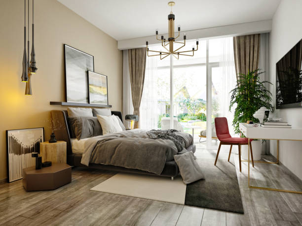 istock 3d render of modern hotel room 1358104240