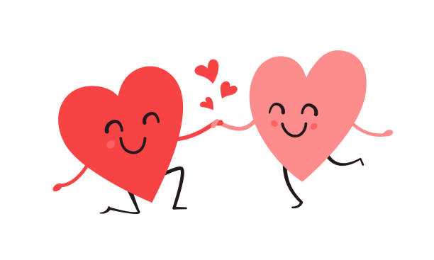 ilustraciones, imágenes clip art, dibujos animados e iconos de stock de lindo corazón personajes aislados ilustración vectorial. concepto de diseño romántico para el día de san valentín de la pareja. feliz pareja sonriente. dos corazones en colores rojo y rosa - san valentin