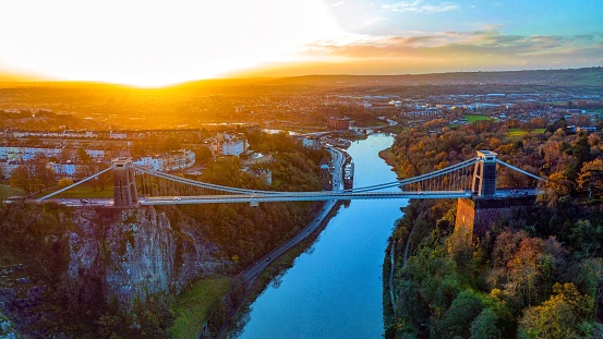 Sunrise aerial photo of Clifton suspension bridge with autumn and winter colours