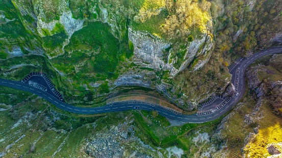 Birdseye view of a windy road at Cheddar Gorge UK