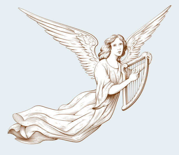 Flying angel with a harp in old engraving style. Flying angel with a harp. Biblical illustrations in old engraving style. Hand drawn vector illustration harp stock illustrations