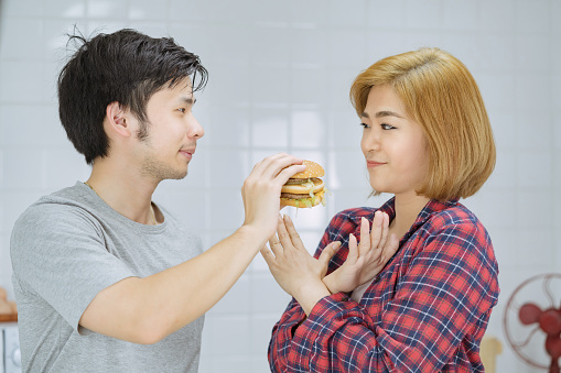 asian couples not eat fast food burger unhealthy, american calories fat meal Junk food .