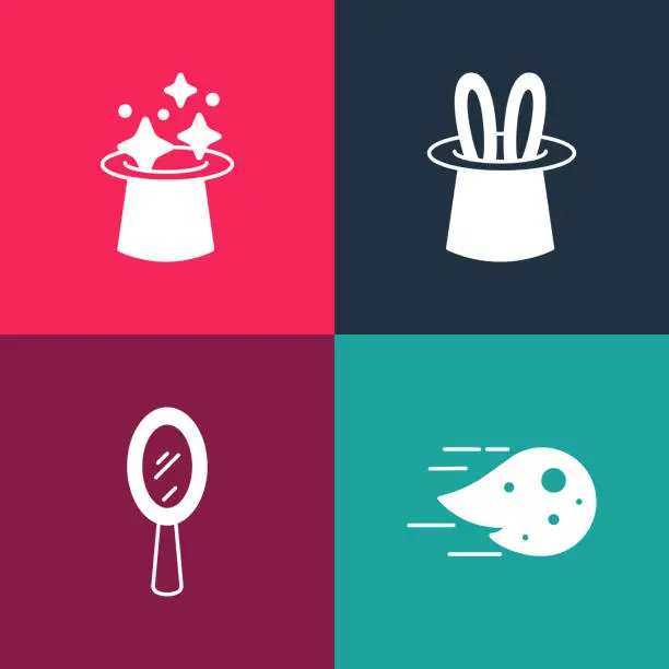 Vector illustration of Set pop art Fireball, Magic hand mirror, Magician hat rabbit ears and icon. Vector