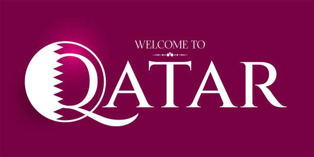 stockillustraties, clipart, cartoons en iconen met welcome to qatar. 3d round sticker qatar flag colors on purple background. trendy concept design element. vector illustration - qatar football