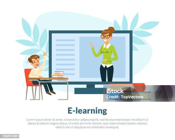 Back To School And Elearning With Computer Interface And Boy Sitting At ...