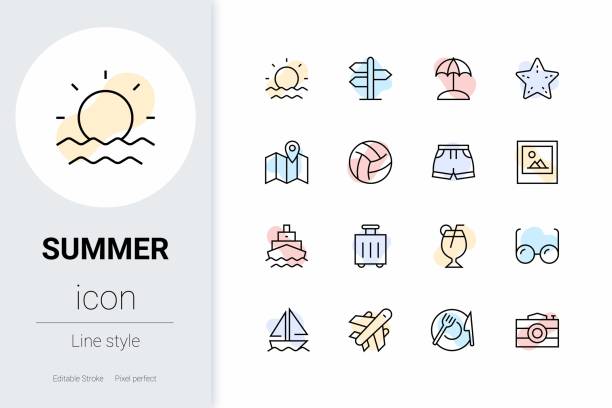 Summer, thin line vector icon set. Summer, thin line vector icon set. Pixel perfect. Editable outline stroke. beach umbrella photos stock illustrations