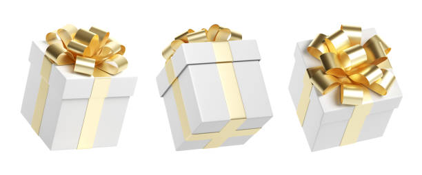 istock Set of white gift box with gold ribbon and bow 3D rendering 1358116085