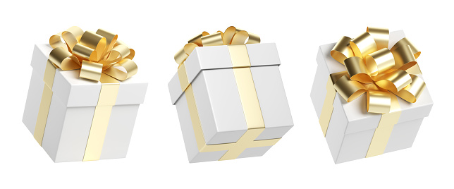 Gift box with red ribbon on white. This file is cleaned, retouched and contains clipping path.