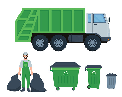 Garbage collection, Waste recycling and transportation set.